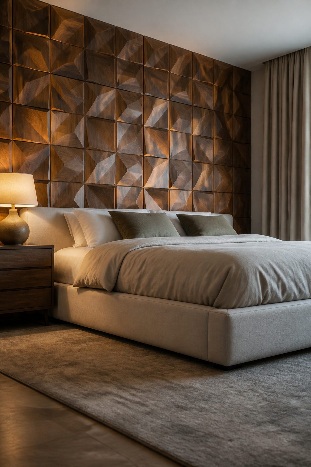 Raised diamond grid panels providing texture and shadows.