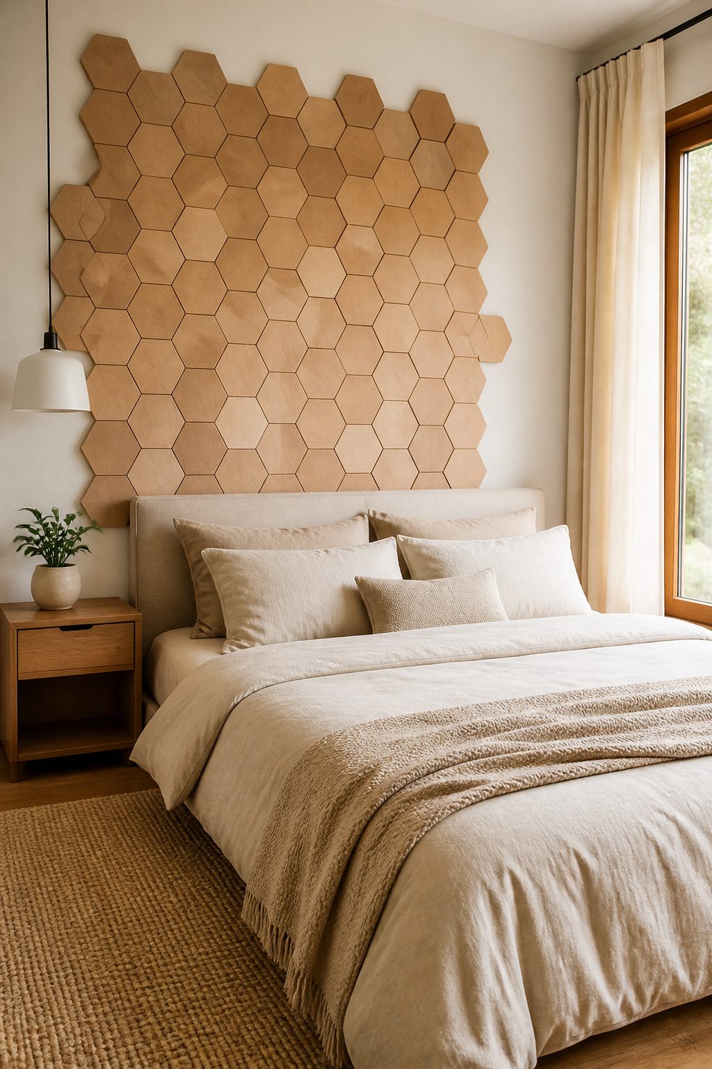 Hexagon panel arrangement behind the bed in a bedroom.