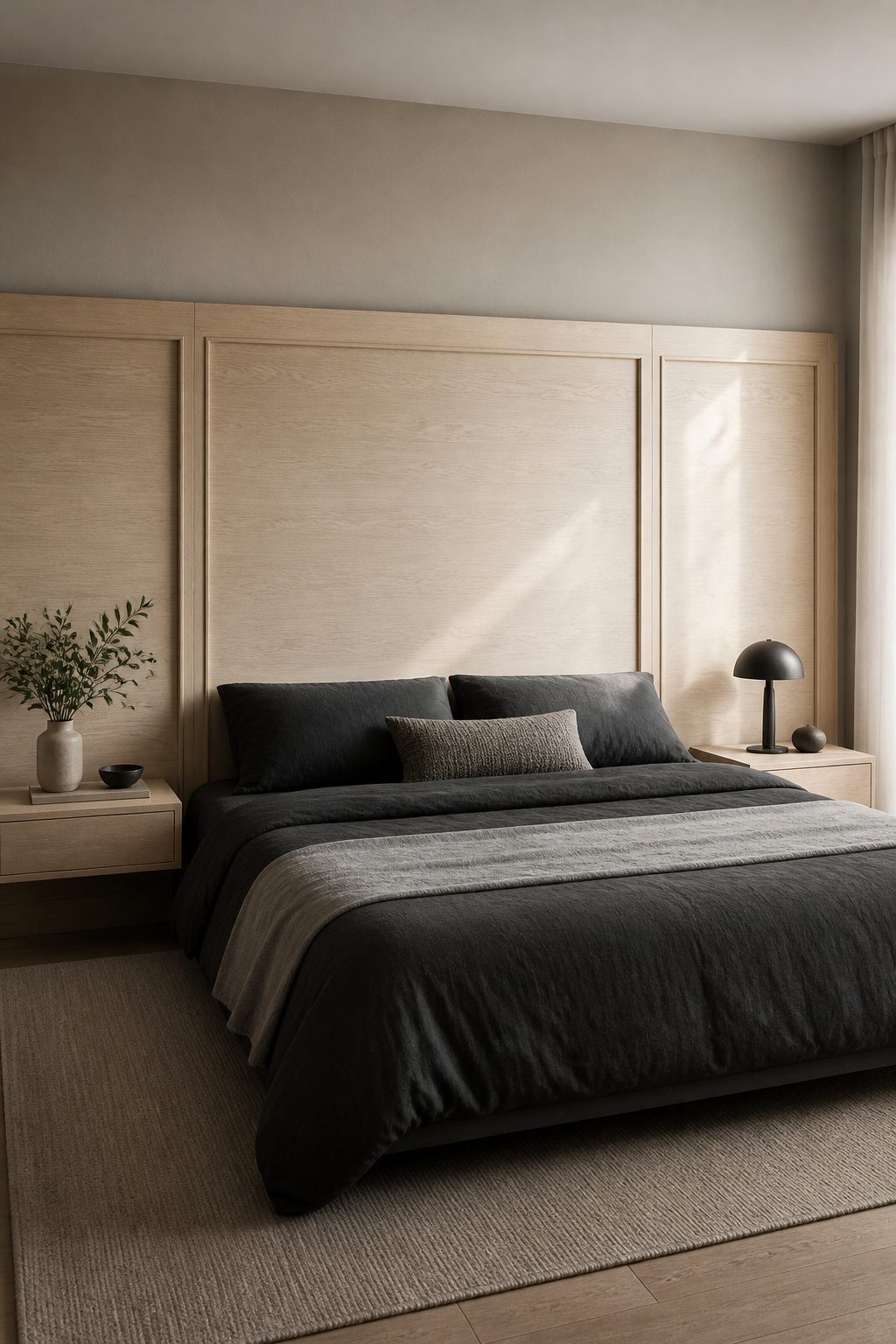 Framed panel section used as a headboard behind a bed.