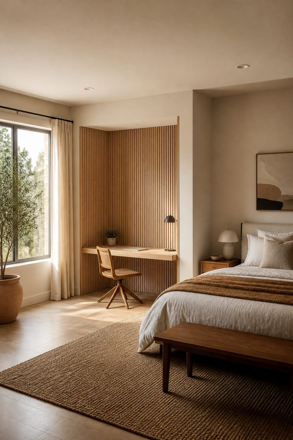 Paneling around a desk area in a bedroom.
