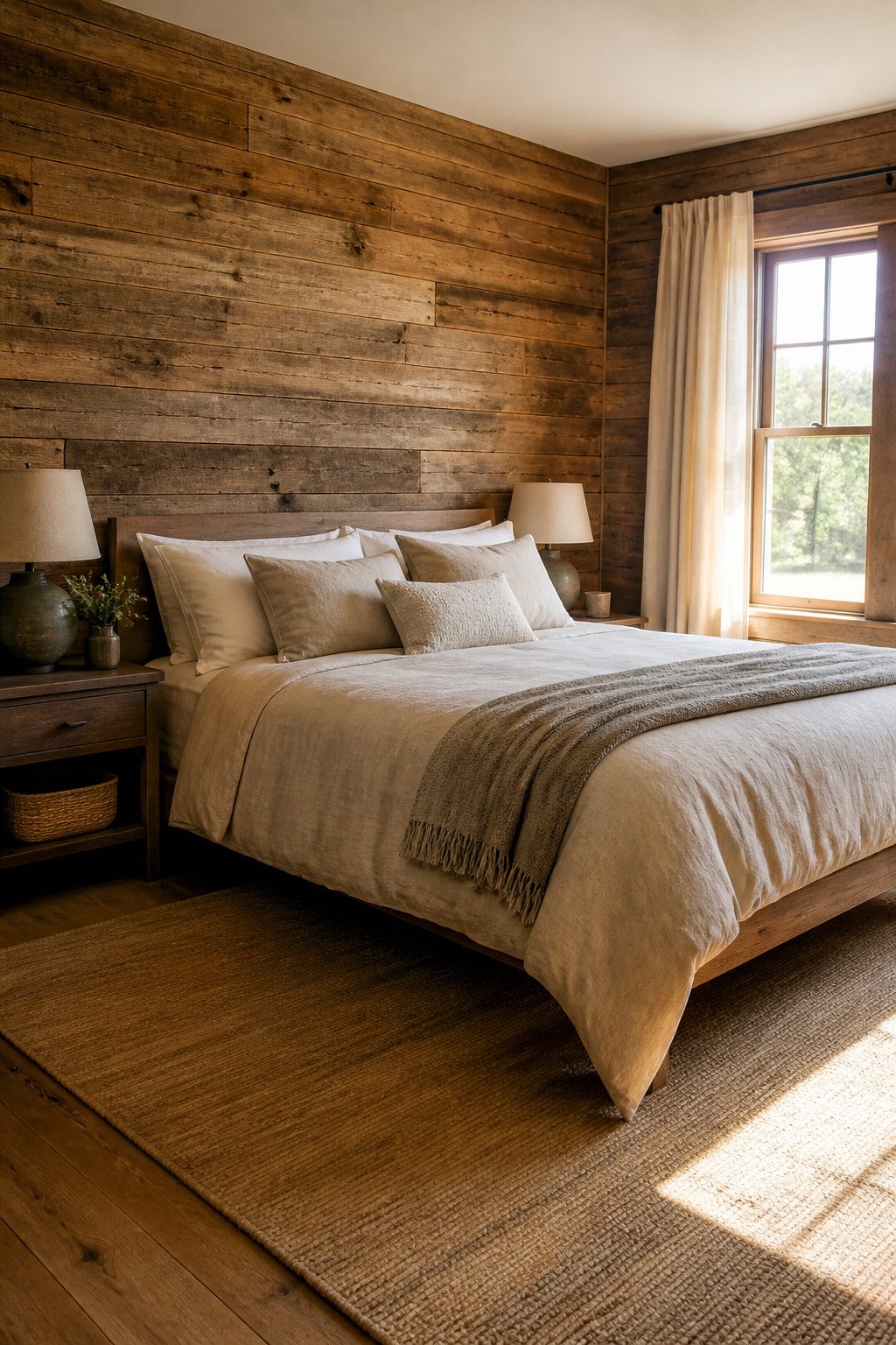 Reclaimed barnwood paneling with visible nail holes and saw marks.