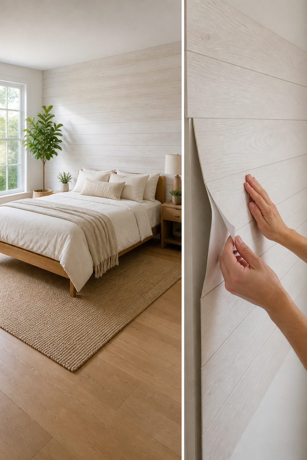 Self-adhesive planks applied to a clean drywall surface.