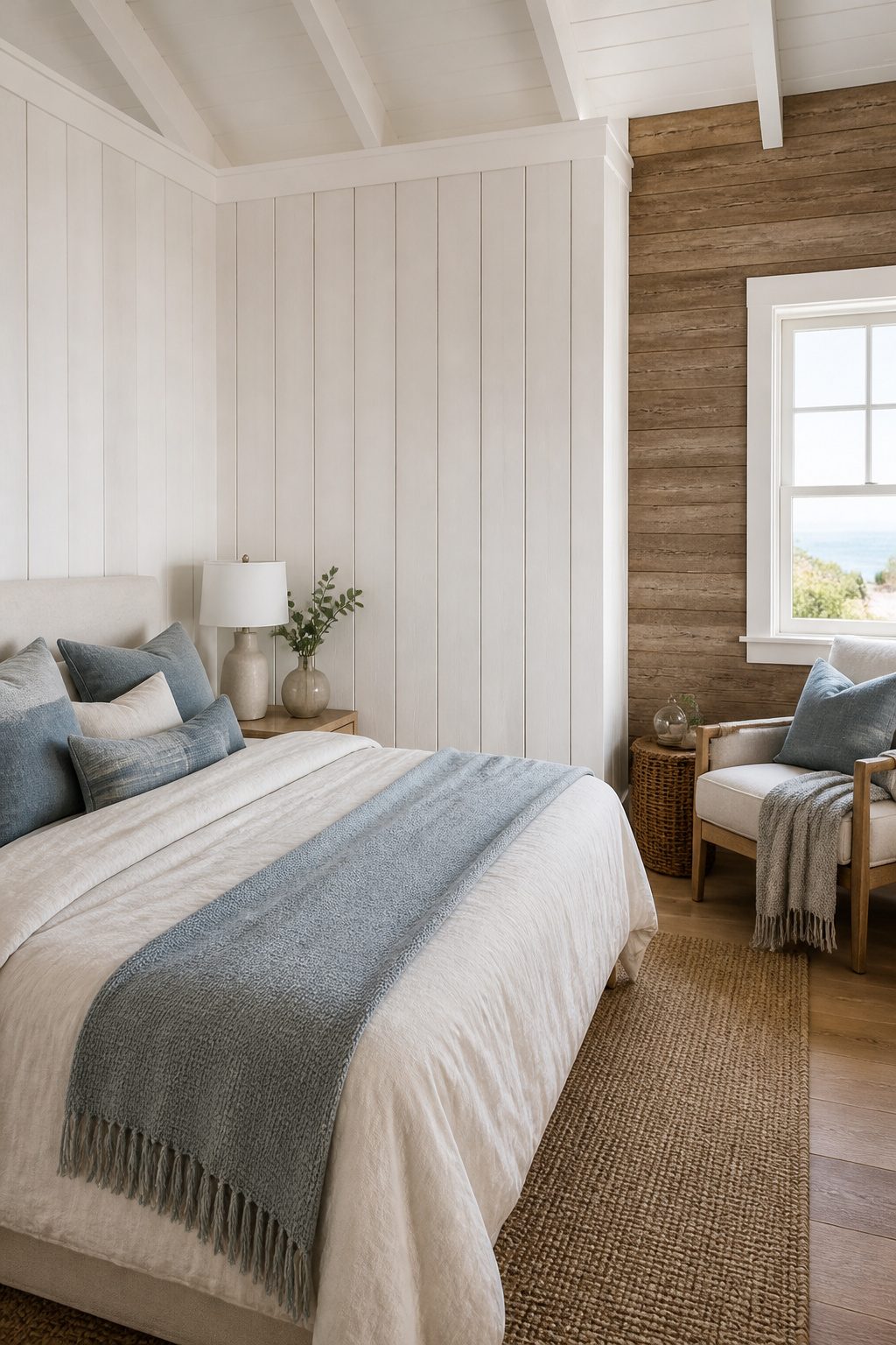 White-washed wood panels paired with natural wood accents.