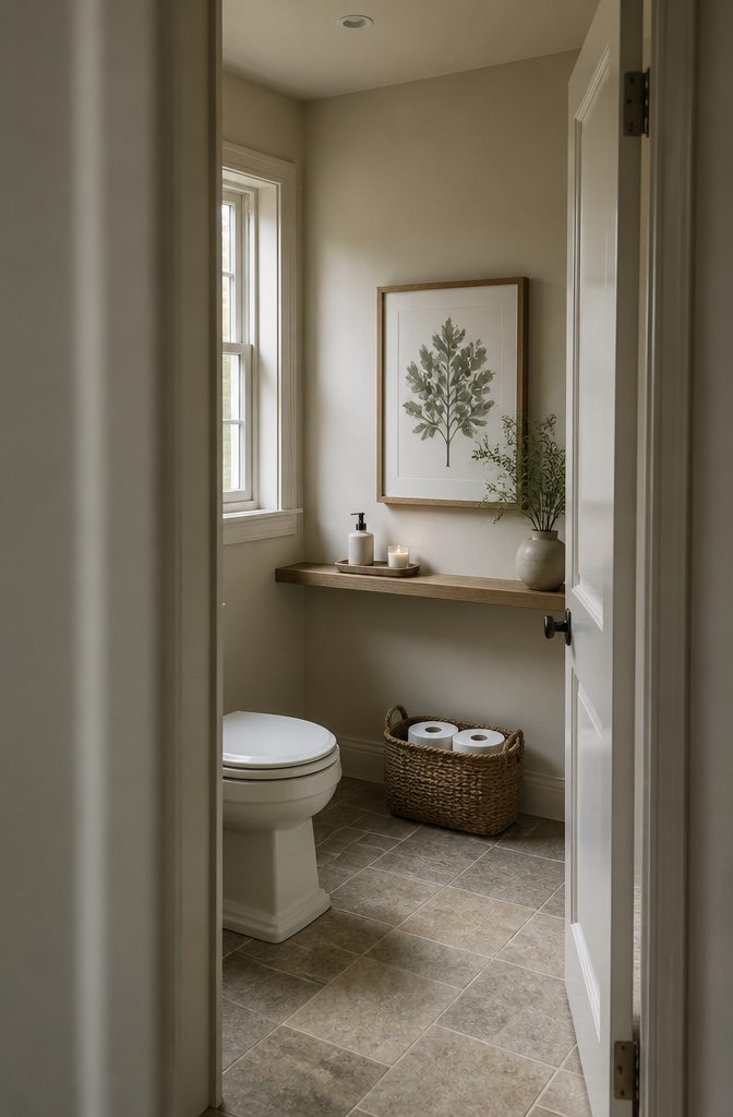 Framed vintage tree sketch hanging against patterned powder room wallpaper