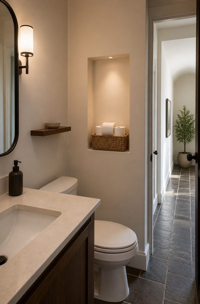Warm white wall niche above a toilet holding a woven basket of spare rolls