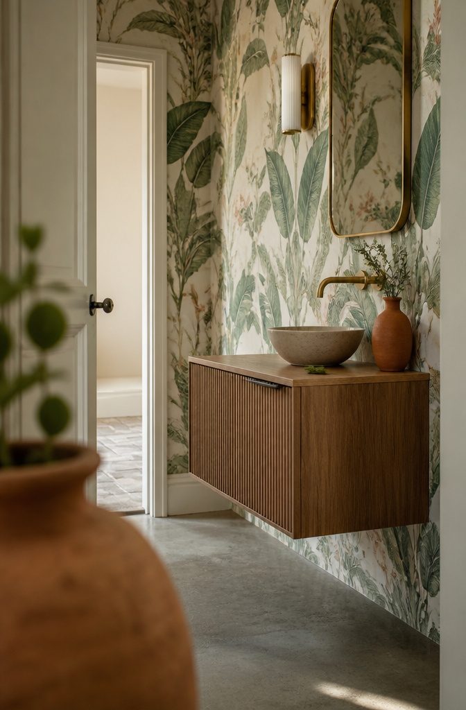 Potted fern on a powder room vanity beside tile and a mirror
