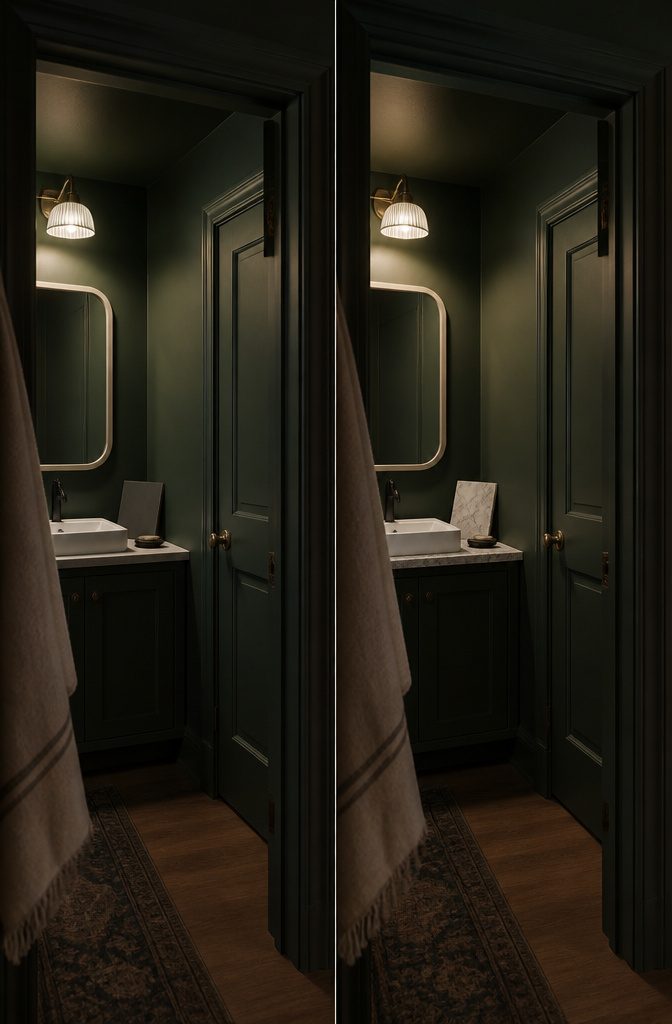 Powder room with dark walls, matching trim and a simple sink