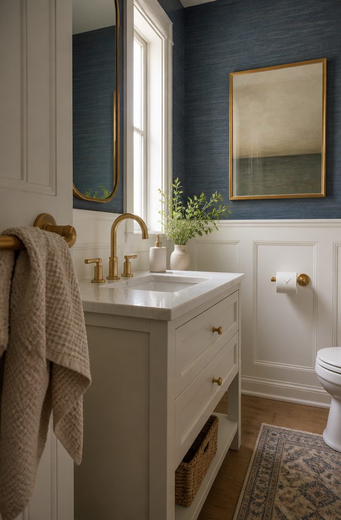 Gold faucet towel bar and pivoting paper holder against white paneling