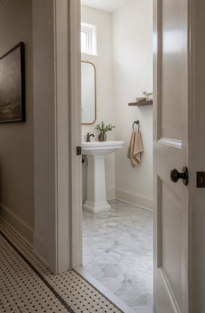 White pedestal sink beside a toilet in a compact powder room