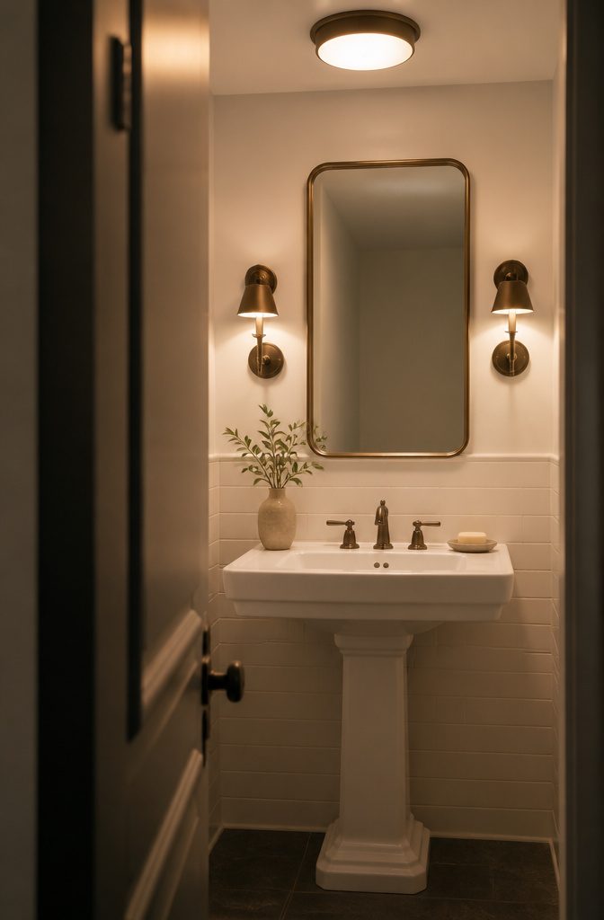 Powder room mirror flanked by bronze sconces above a sink