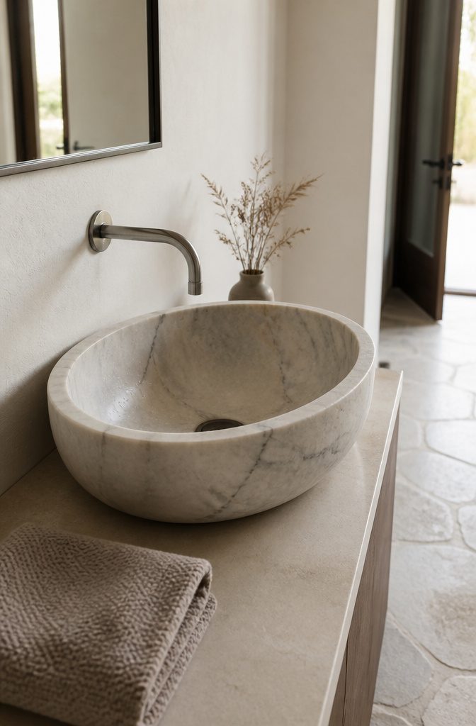Carved marble vessel basin with pale veining and a high curved faucet