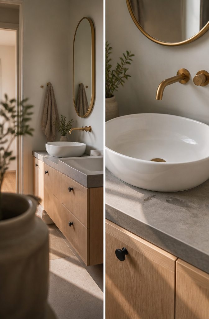 Powder room vanity with brass fixtures and matte black cabinet pulls