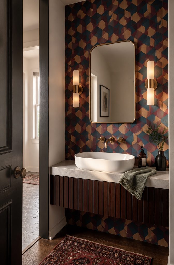 Powder room with bold geometric wallpaper behind a simple vanity
