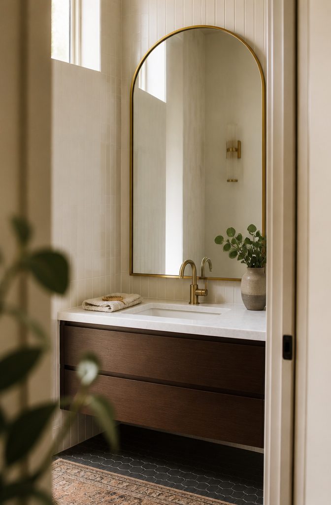 Powder room vanity with an oversized gold arched mirror