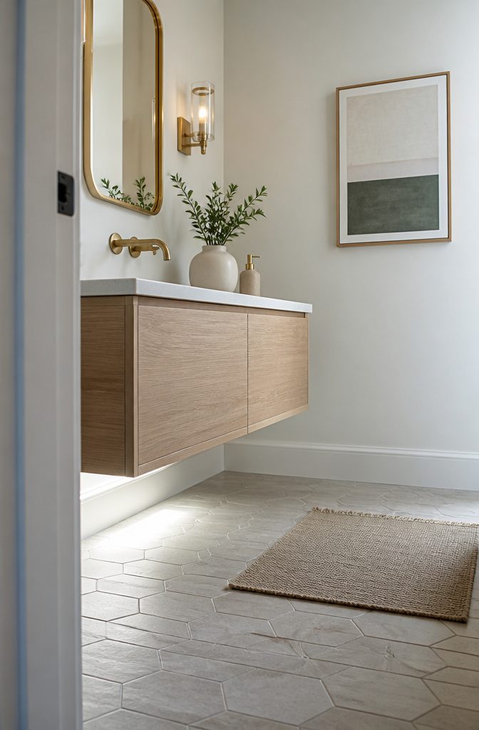Wall-mounted oak vanity with open floor space beneath the cabinet