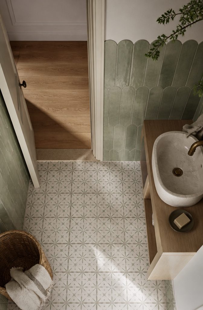 Powder room vanity wall finished with patterned tile