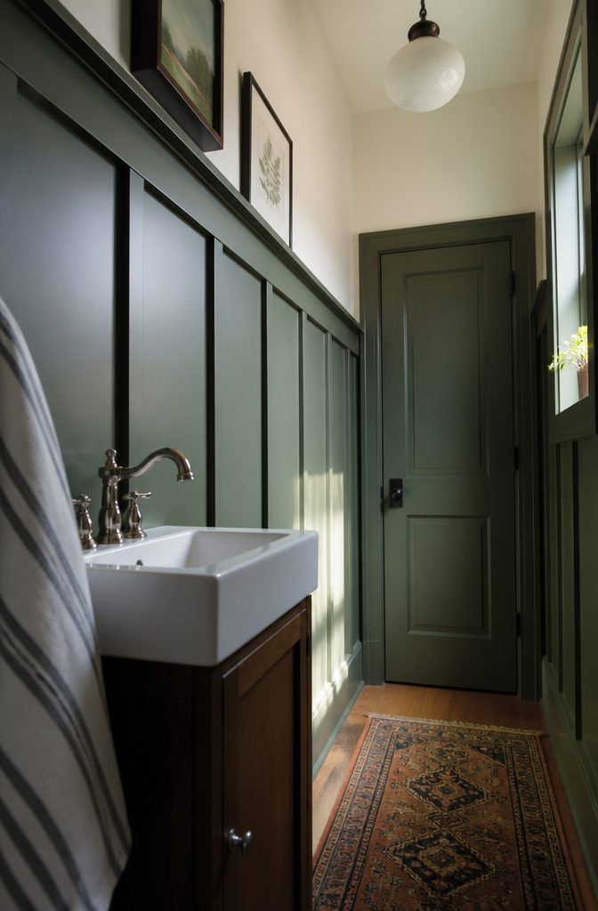 Powder room with tall beadboard wainscoting and a pale upper wall