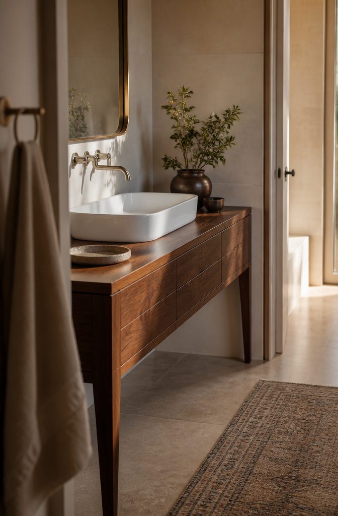 Walnut console vanity with tapered legs and a white basin