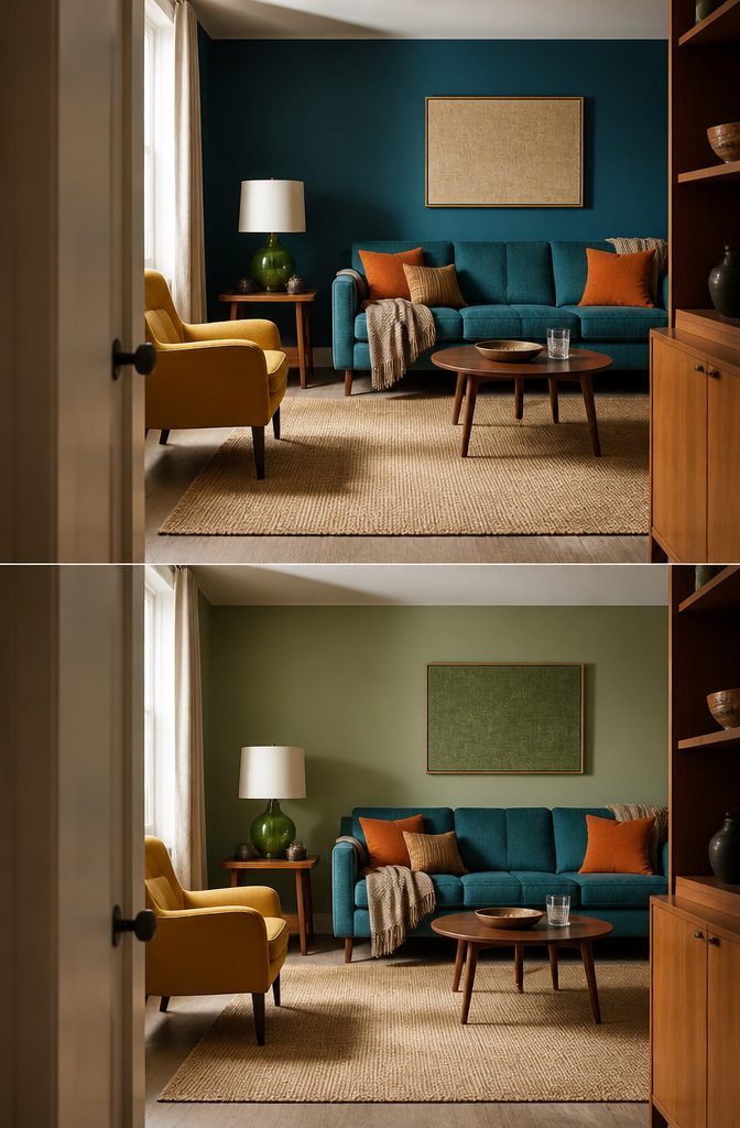 Living room with mustard yellow and teal furnishings and a colorful accent wall