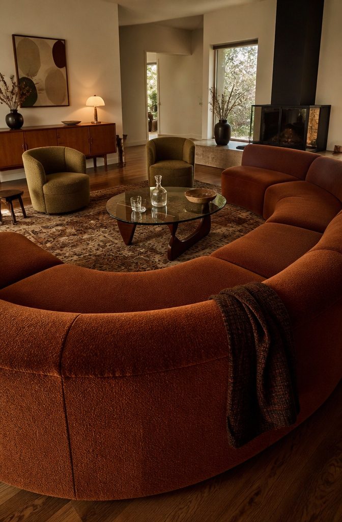 Wide low sectional arranged around a glass coffee table for face-to-face seating