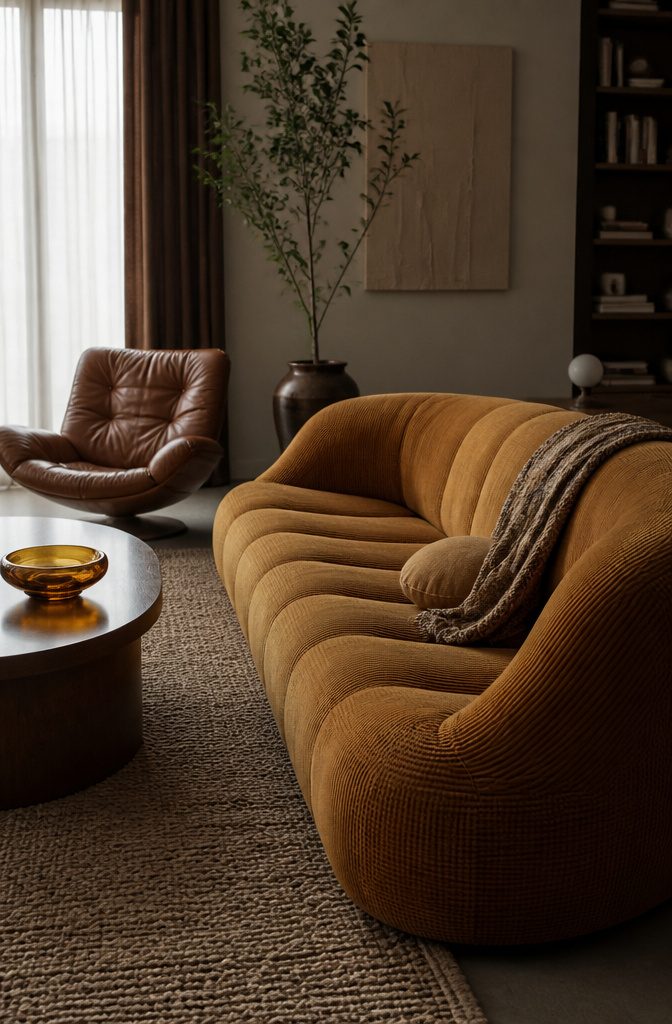 Low tufted Togo-style sofa upholstered in boucle in a retro living room