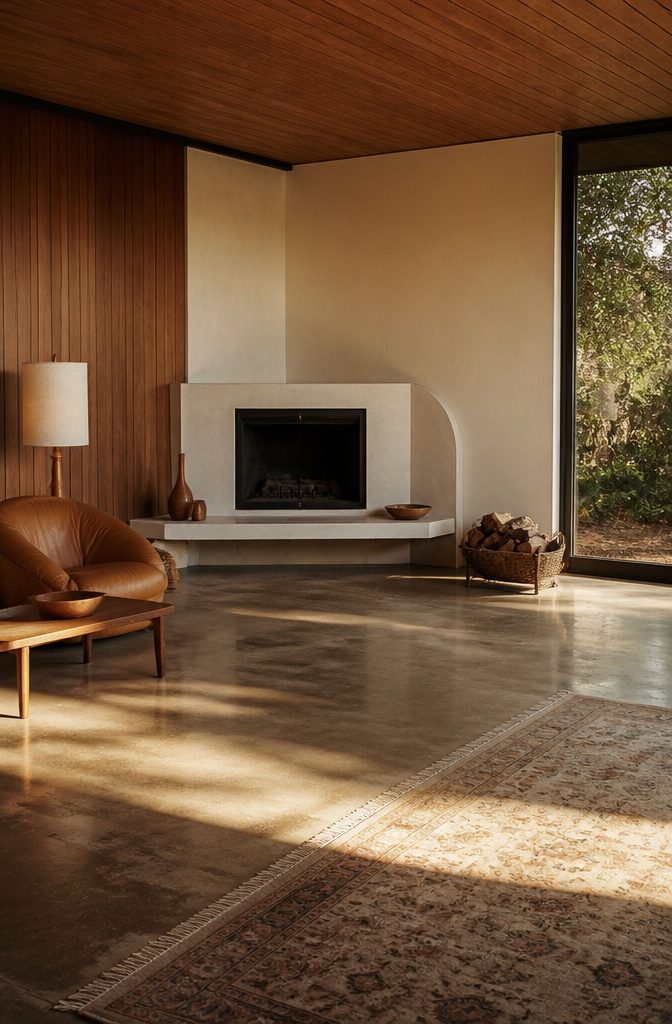 Living room fireplace framed by a sculptural wood mantel and neutral furnishings