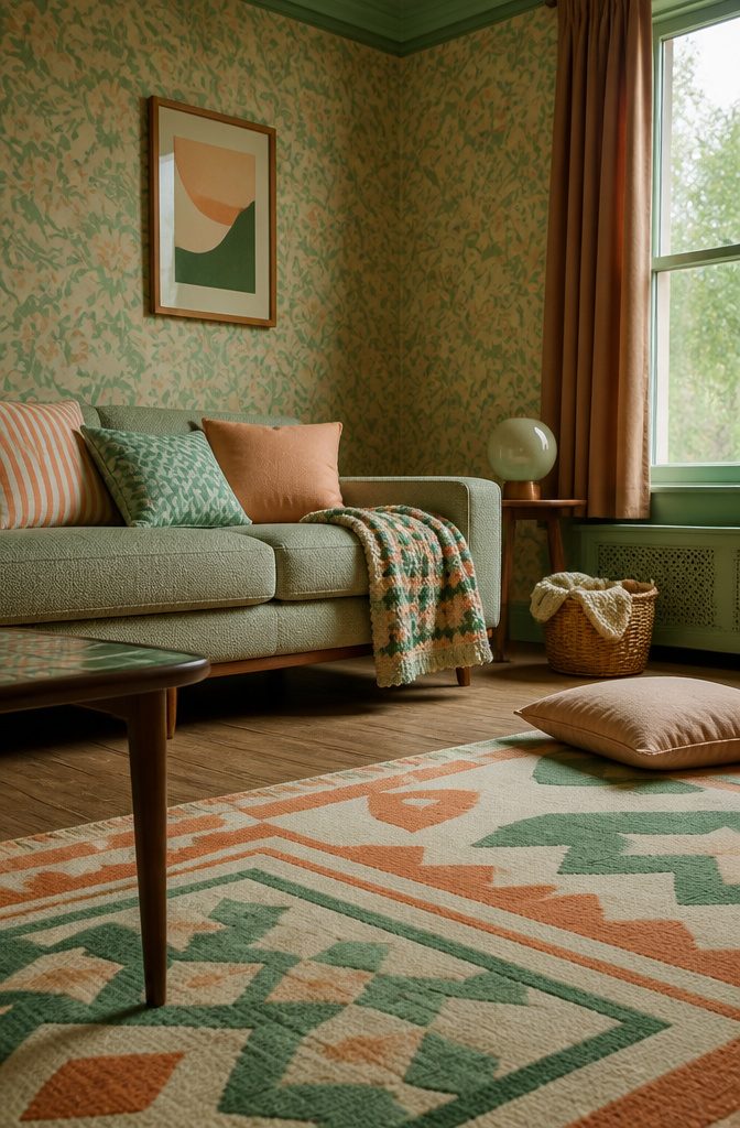 Mint wallpaper with peach swirls above a low sofa with striped cushions and a patterned rug