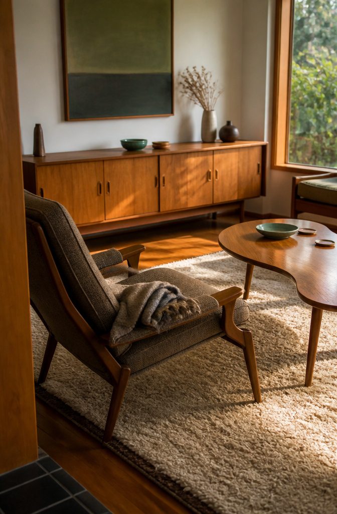 Walnut credenza beside low chairs with tapered legs in a mid-century living room