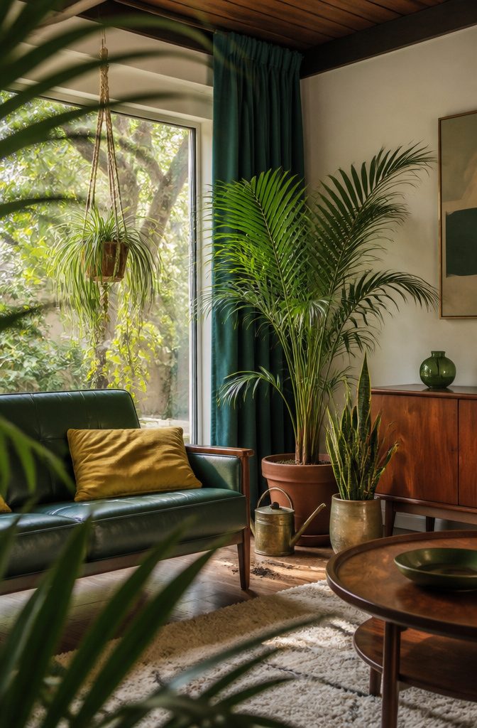 Spider plant in a macrame hanger with parlor palm and snake plant near teak credenza