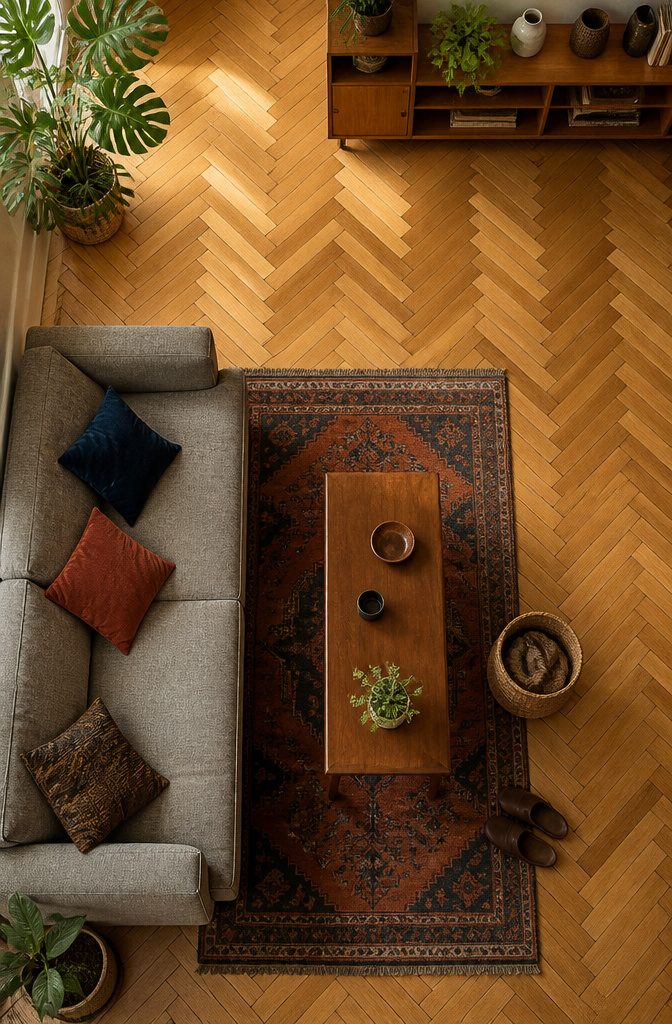 Warm wood parquet floor in a herringbone pattern beneath low living room furniture