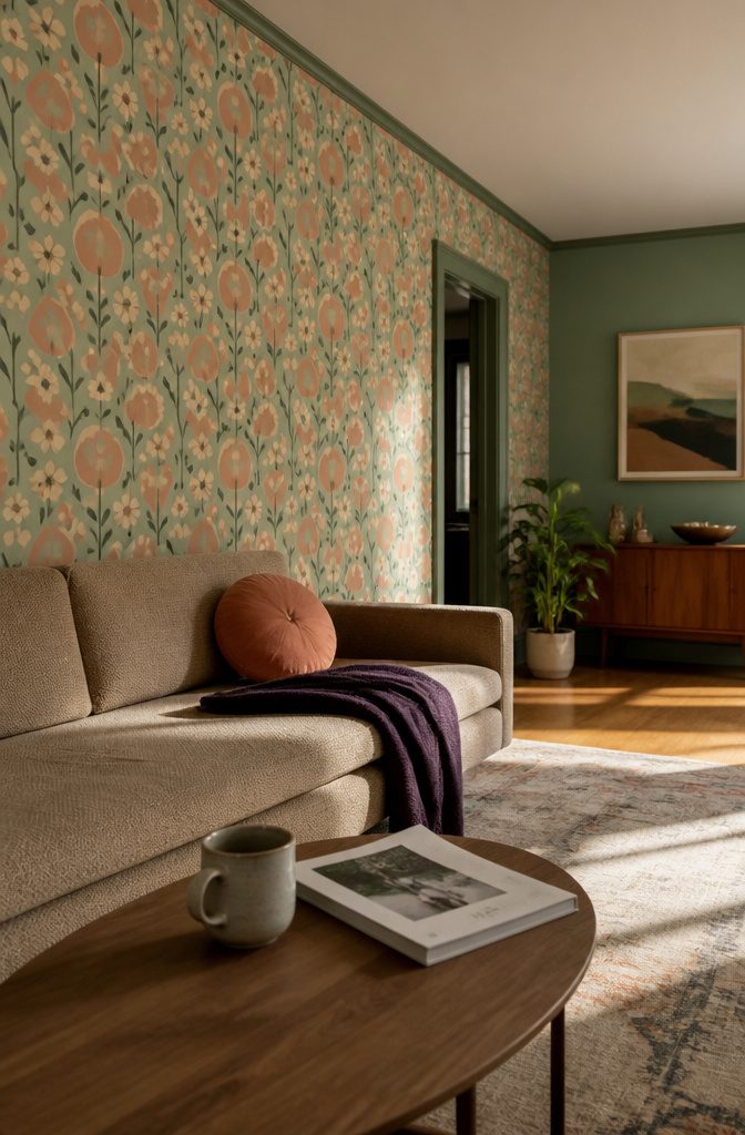 Mint wallpaper with peach forms and flowers behind a neutral sofa with colorful cushions