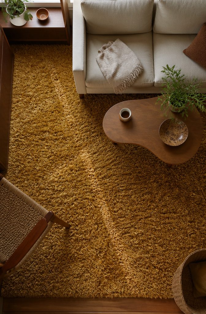 Mustard shag rug beneath living room seating against white walls