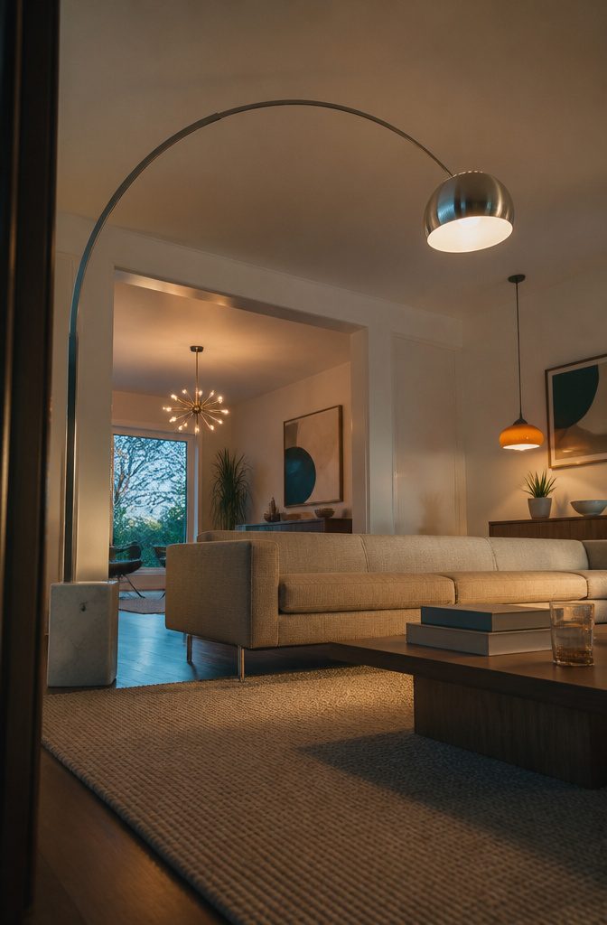 Chrome arc lamp beside living room seating beneath a Sputnik chandelier