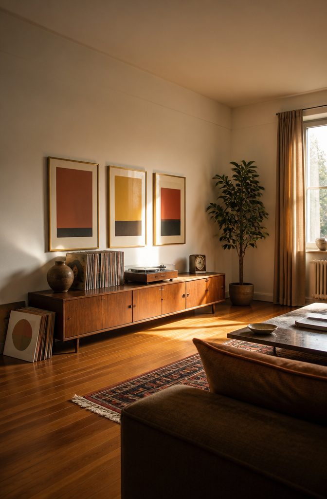 Framed pop art prints above a low console with vinyl records and a record player