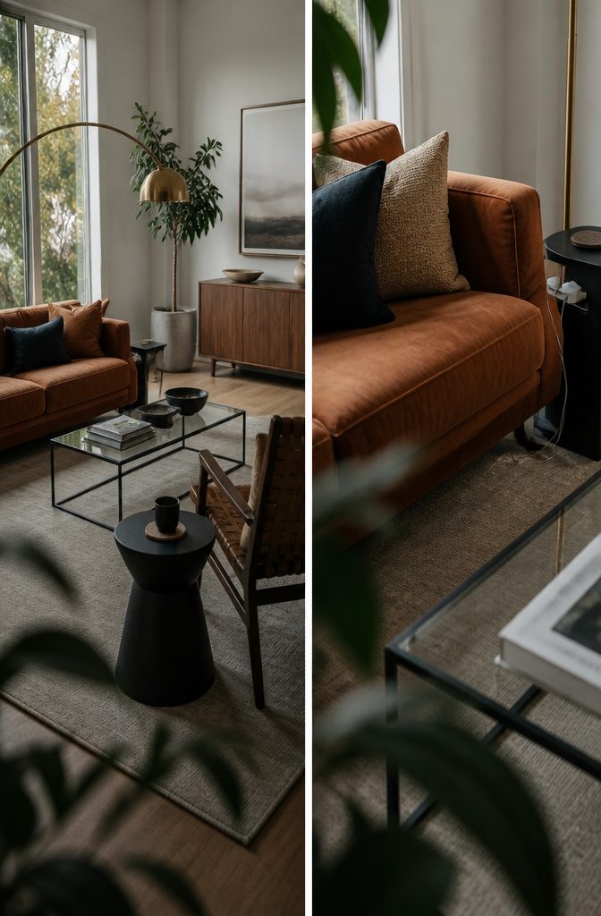Vintage velvet sofa paired with a glass coffee table in a modern retro living room