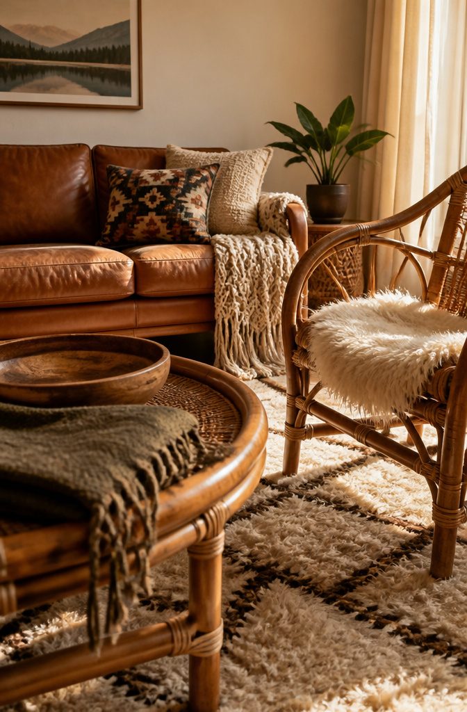 Caramel leather sofa beside rattan chair with high-pile rug and macrame throw