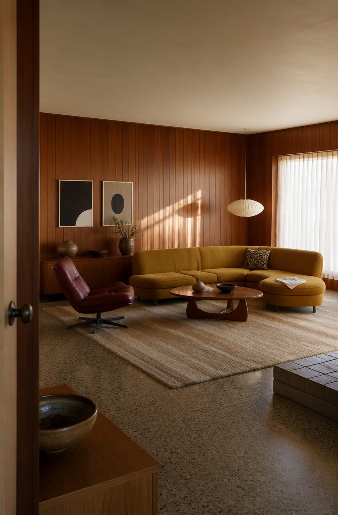 Mustard sectional in front of rich vertical wood paneling
