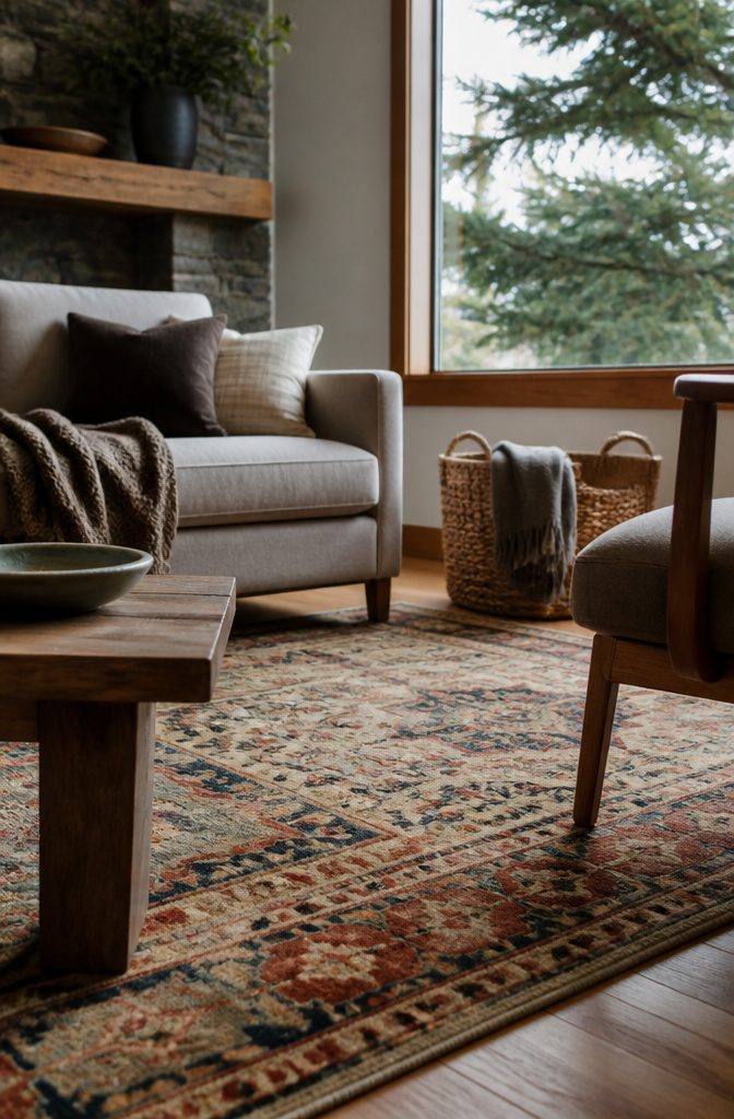 Low-pile wool rug under sofa and chair on hardwood floor