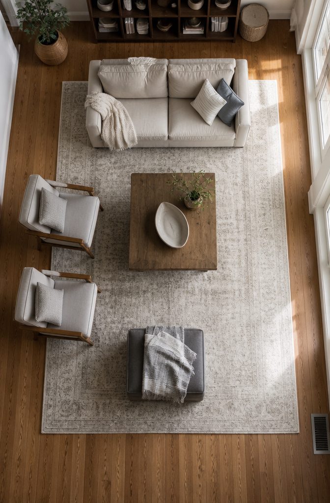 Living room seating arranged around a rug on hardwood flooring