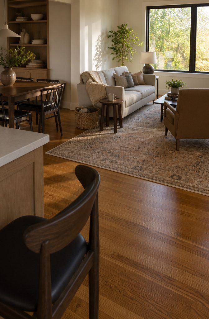 Open-plan living room rug beneath sofa and chairs near dining area