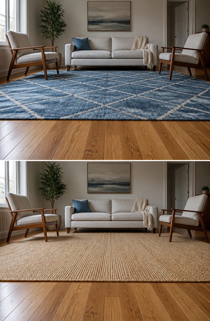 Patterned rug beside hardwood floor with visible wood grain