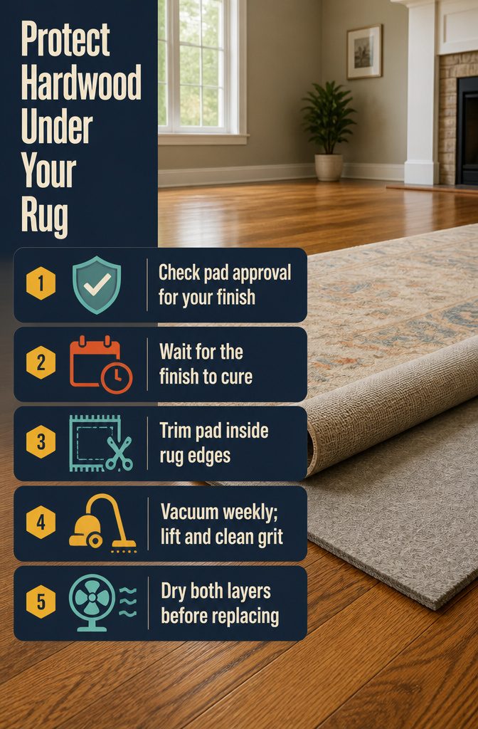 Rug and protective pad on hardwood floor in living room