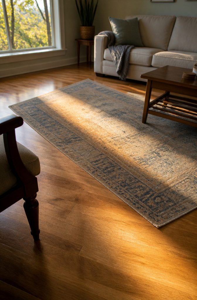 Living room rug on hardwood near a sunlit window