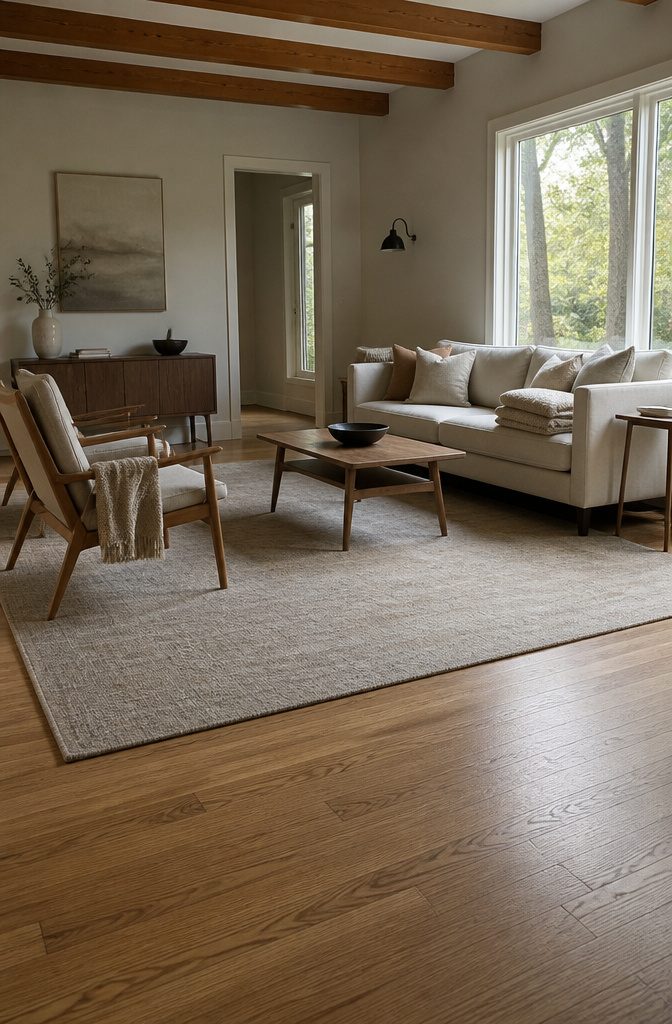 Living room rug laid over hardwood with wood grain visible