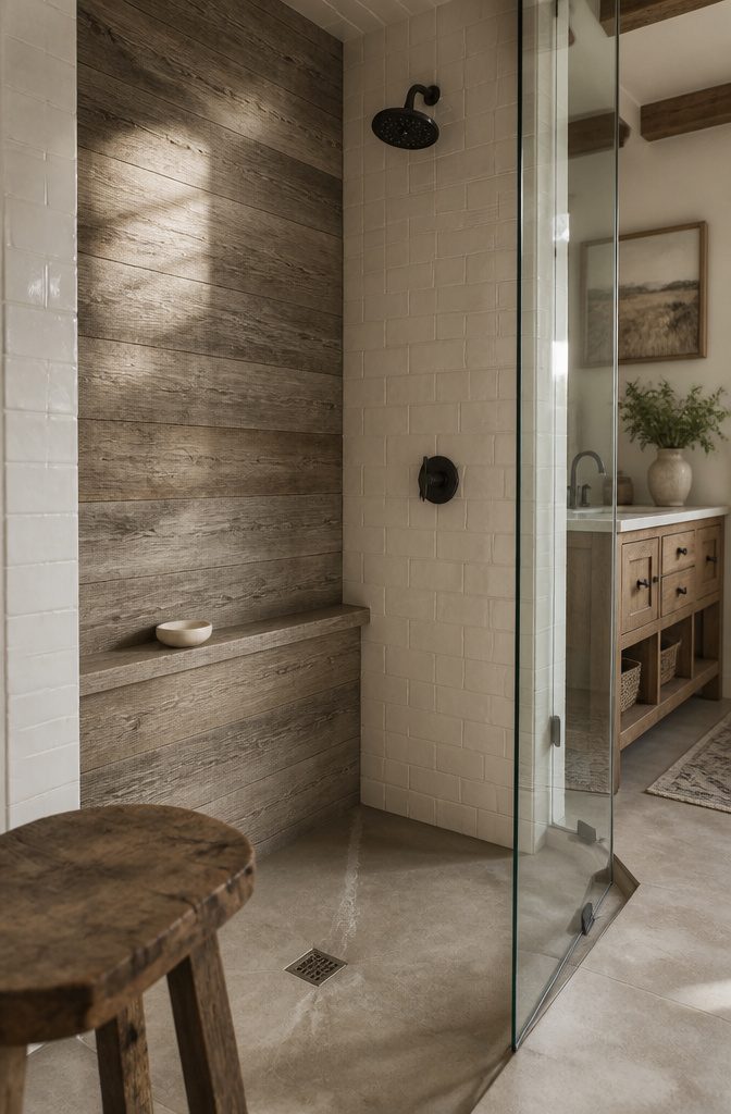 Matte porcelain wood-look tiles inside a shower niche framed by handmade subway tile