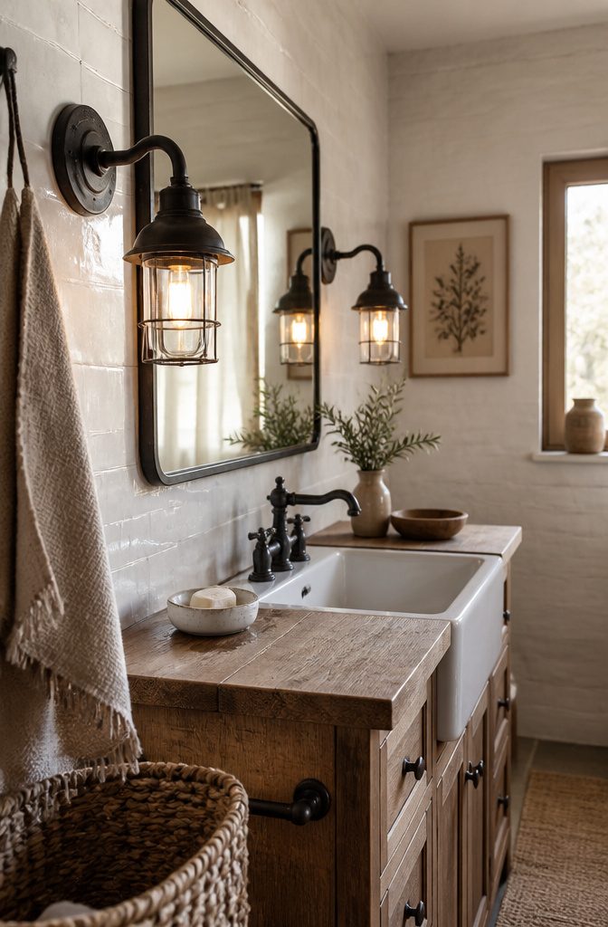 Black metal bathroom sconces with exposed hardware beside a wood surface