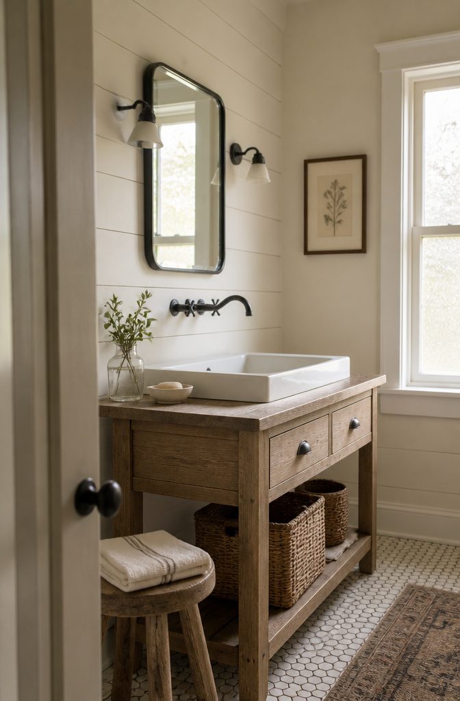 Ivory horizontal shiplap wall behind a sink with matte black hardware