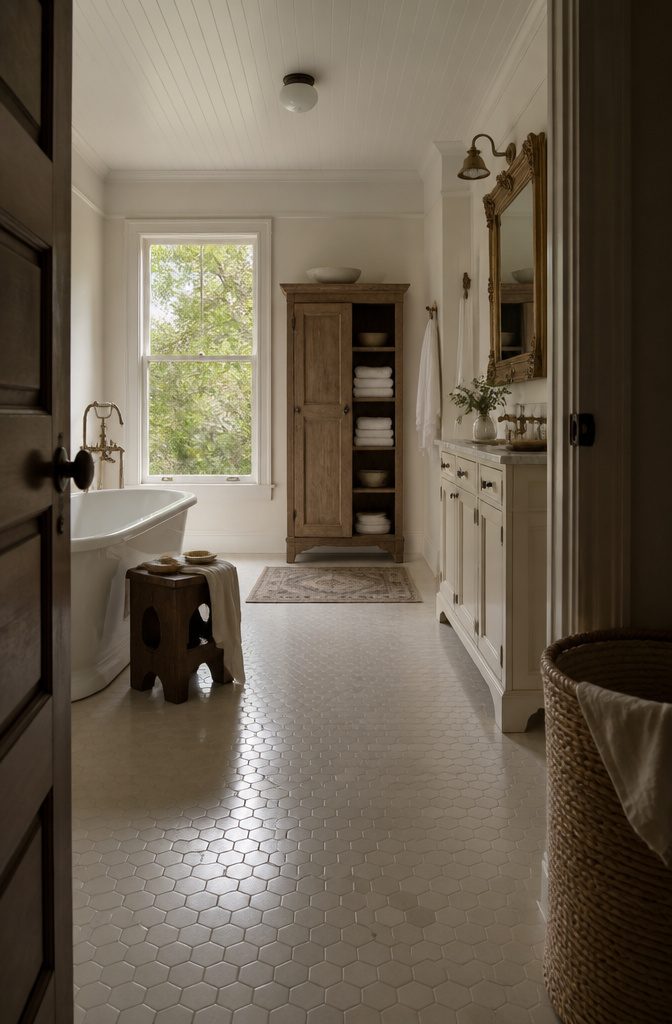 Antique wardrobe and Chinese stool among vintage furnishings in a bathroom