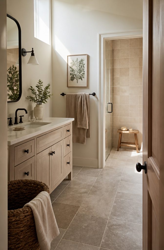 Cream walls taupe stone floor pale wood vanity and muted green botanical print