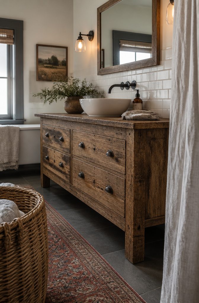 Natural wood bathroom vanity beneath a sink in a farmhouse bathroom